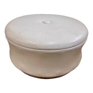 Vintage White Faux Alligator Round Ottoman With Chrome Plinth Base For Sale