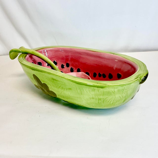 Mid 20th Century Americana Folk Art Arts & Crafts Ceramic Watermelon Serving Bowl With Ladle - 2 Piece Set. For Sale - Image 9 of 12