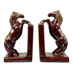 Mid-Century Drip Glazed Porcelain Rearing Horse Library Bookends - a Pair