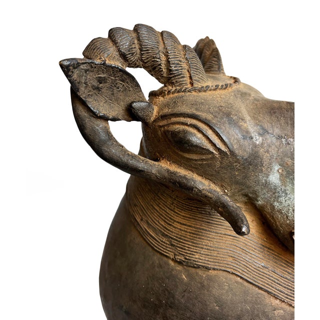 Metal Antique Bronze Benin African Ram Head Sculpture For Sale - Image 7 of 10