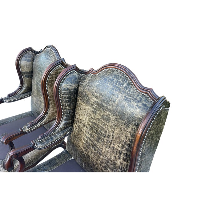 Brown Crocodile Embossed Leather Chairs by Old Hickory Tannery, a Pair, Wingback Chairs, Nailhead Trim, Style of Massoud Lettsworth Wing Chair For Sale - Image 8 of 12