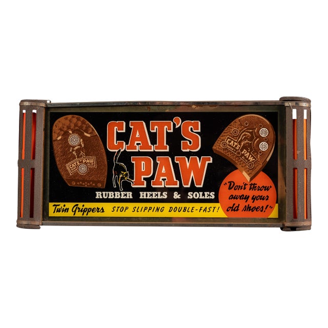 Vintage Cat's Paw Rubber Heels Illuminated Rog Advertising Sign For Sale