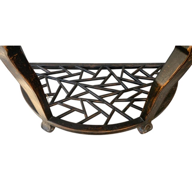1900 - 1909 Early 20th Century Chinese Carved Wood Demi-Lune Console Table With Lattice Shelf For Sale - Image 5 of 7