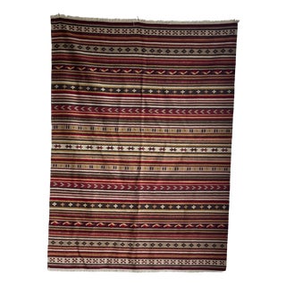 Large Indian White Rug with Red, Yellow and White Stripes and Geometric Friezes, Base, 1980s For Sale