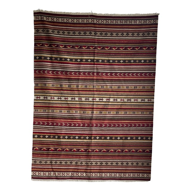 Large Indian White Rug with Red, Yellow and White Stripes and Geometric Friezes, Base, 1980s For Sale