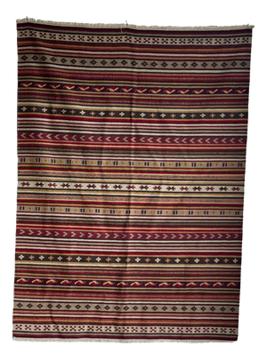 Large Indian White Rug with Red, Yellow and White Stripes and Geometric Friezes, Base, 1980s