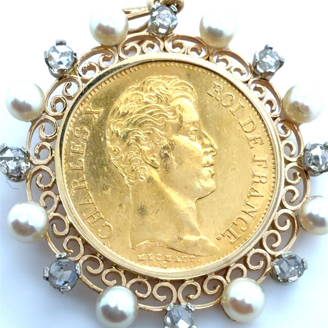 Vintage, Charles X French 40 Francs Coin, Diamond and Cultured Pearl Pendant For Sale - Image 4 of 7