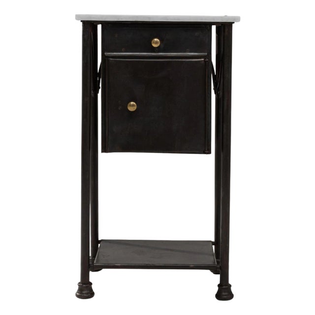 1910s French Industrial Metal Bedside Table With Marble Top For Sale