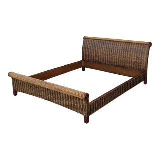 Coastal Boho Chic Woven Rattan Sleigh Bed For Sale