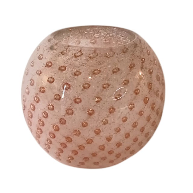 Mid-Century Modern Glass Paperweight Pink W/ Gold Flecks Contolled Bubbles Tealight Holder or Vase For Sale - Image 3 of 16