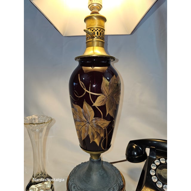 1930s Vintage 1930s Czechoslovakia Bohemian Style Hand Painted Floral Cranberry Glass With Pewter Base Table Lamp For Sale - Image 5 of 12
