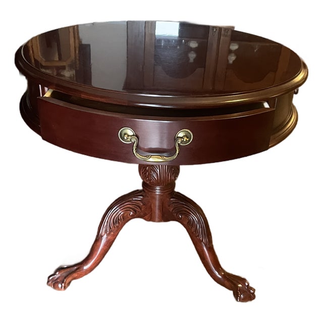 Late 20th Century Pennsylvania House Cherry Drum Table With Brass Hardware and Carved Pedestal Base For Sale