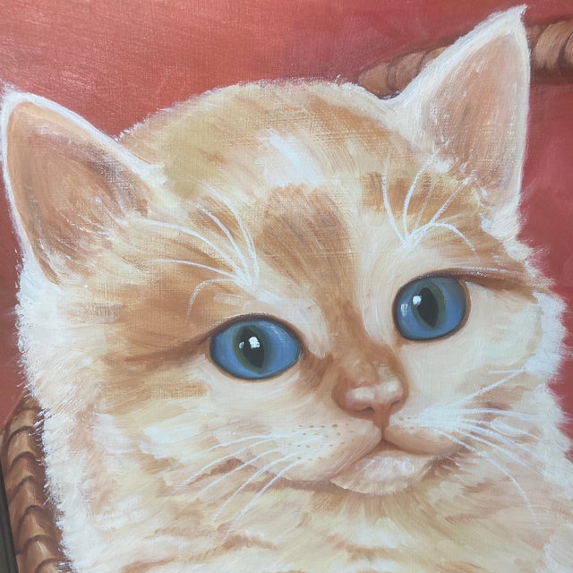 Original Mid-Century Dolly Decker Cat Painting “Playtime” Framed Oil on Canvas, Big Eyes Kitten Art For Sale - Image 6 of 12