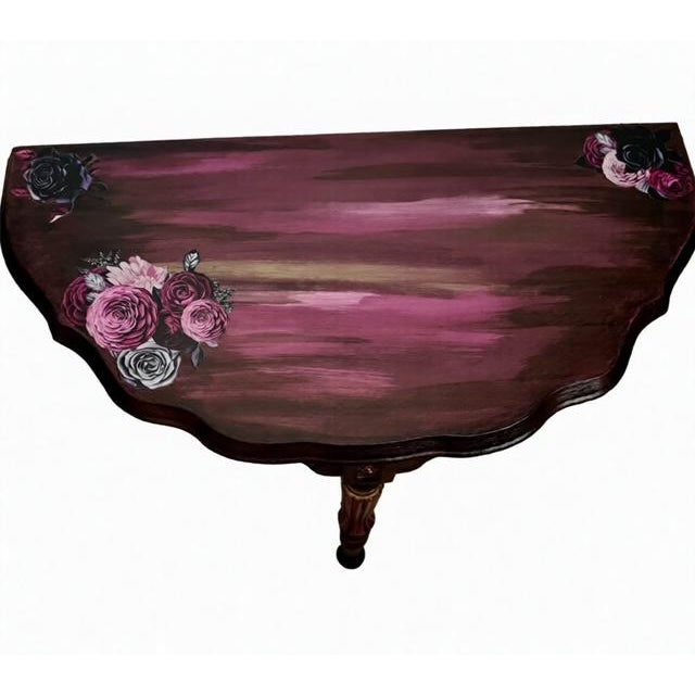 Late 20th Century Hand Painted Floral Demi-Lune Console Table in Burgundy and Blush For Sale - Image 4 of 6