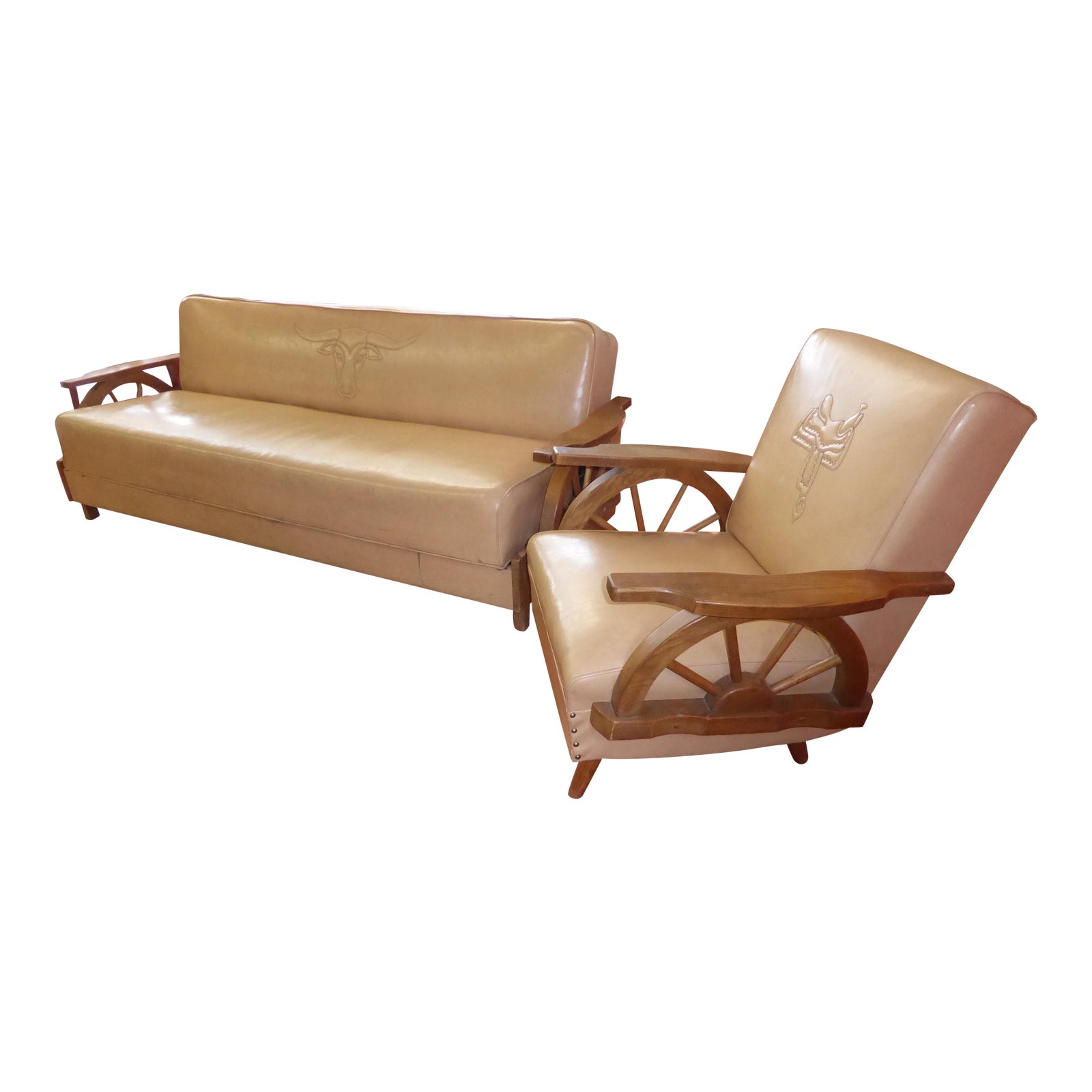 Vintage Western Cowboy Wagon Wheel Sleeper Sofa & Rocking Chair A