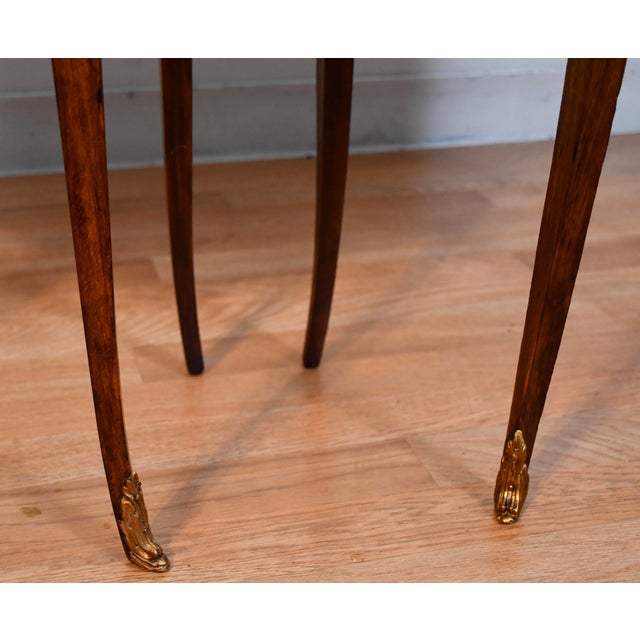 1910 Pair French Louis XV Walnut Satinwood & Marble Bedside Tables Nightstands For Sale - Image 4 of 13