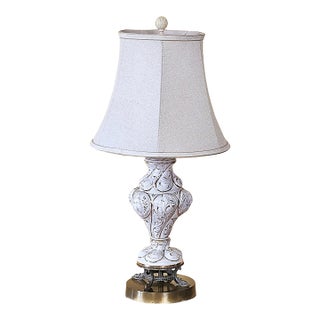 Vintage Italian Capodimonte Style Porcelain Table Lamp With Scrollwork & Bronze-Tone Base For Sale