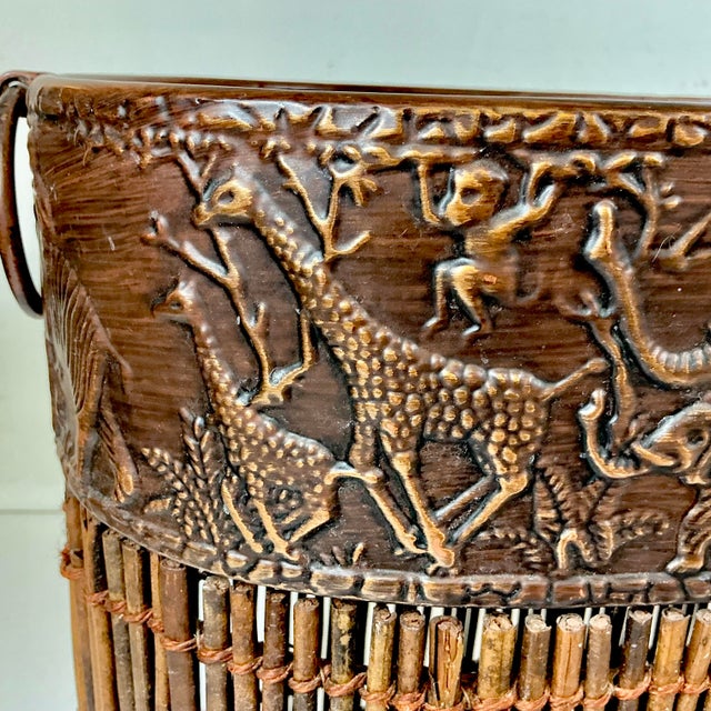 1980s Vintage Boho Chic Safari Coastal Tole Elephant, Monkey & Giraffe Faux Wood Bamboo Wastebasket For Sale - Image 13 of 16