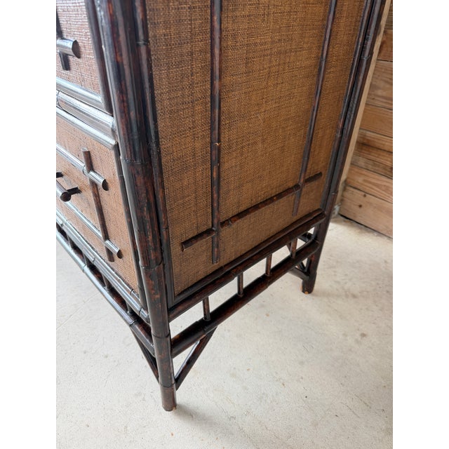 Coffee Vintage British Colonial Faux Bamboo and Grasscloth Armoire Cabinet With Drawers For Sale - Image 8 of 12