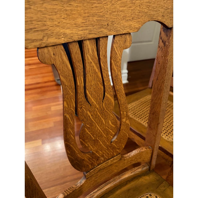 Antique c.1900 Quarter-Sawn Art Nouveau Tiger Oak Lyre Back Cane Dining Chairs. Set of Four For Sale In Chicago - Image 6 of 8