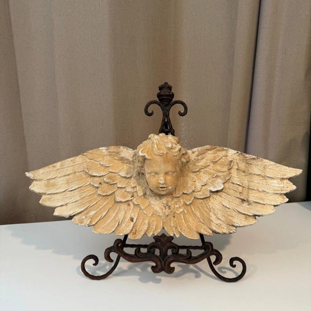 Cream Vintage Cherub Angel Wings Wall Decor Plaque Distressed Architectural Sculpture For Sale - Image 8 of 8