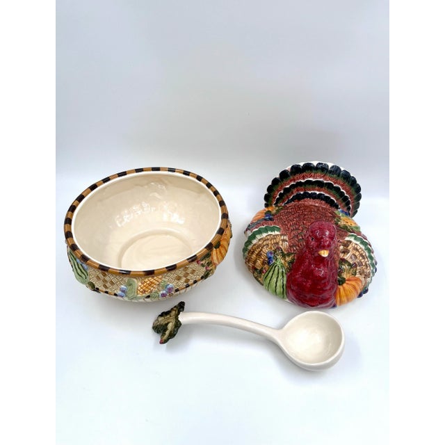 Brown 1990s Majolica Style Turkey Tureen Centerpiece With Lid and Ladle For Sale - Image 8 of 12