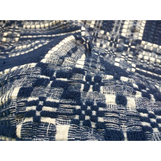 Antique Blue and White Hand Loomed Wool Coverlet Throw Blanket With