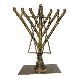Share Vintage Handmade Brass Copper Signed Brutalist Jewish Judaica Menorah Candelabra For Sale