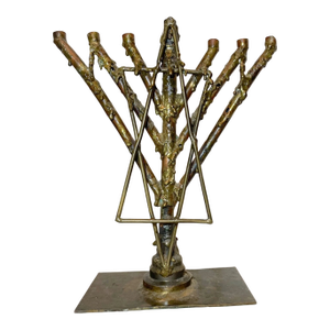 Share Vintage Handmade Brass Copper Signed Brutalist Jewish Judaica Menorah Candelabra