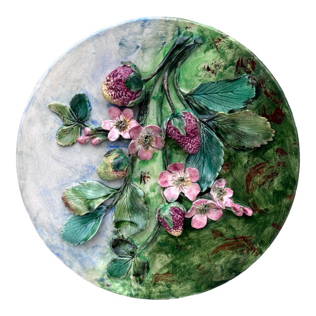 Rare 19th Century Majolica Strawberries Wall Platter Longchamp For Sale