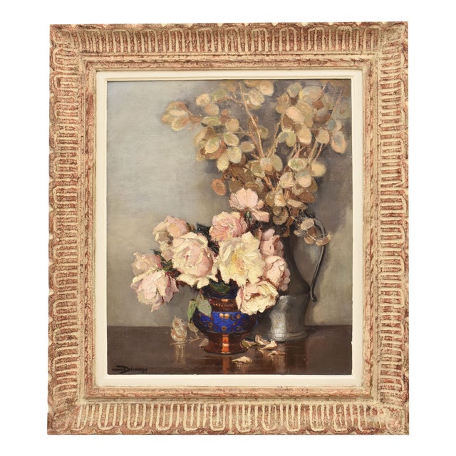 Maurice Alfred Decamps, Art Deco Still Life with Vase of White Roses, 1920s-1940s, Oil on Canvas For Sale