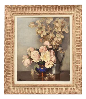 Maurice Alfred Decamps, Art Deco Still Life with Vase of White Roses, 1920s-1940s, Oil on Canvas