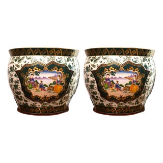 Chinese Canton Vintage Enamel Gilt Dark-Green-Ground Jardinières - set of 2 For Sale