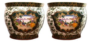 Chinese Canton Vintage Enamel Gilt Dark-Green-Ground Jardinières - set of 2