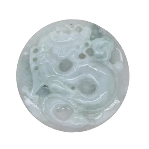 Green Jade Chinese Carved Zodiac Dragon Medallion Feng Shui Pendant