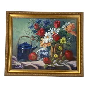 1960s Original Oil Painting Impressionist Still Life, Apples and Tea by Edith Weir, Framed.