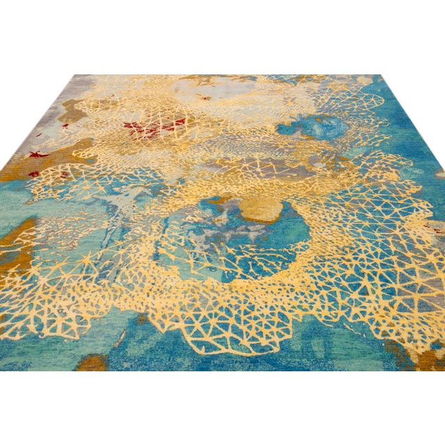 Indian Modern Golden and Teal Abstract Indian Handmade Coastal Designed Wool & Silk Rug For Sale - Image 3 of 10