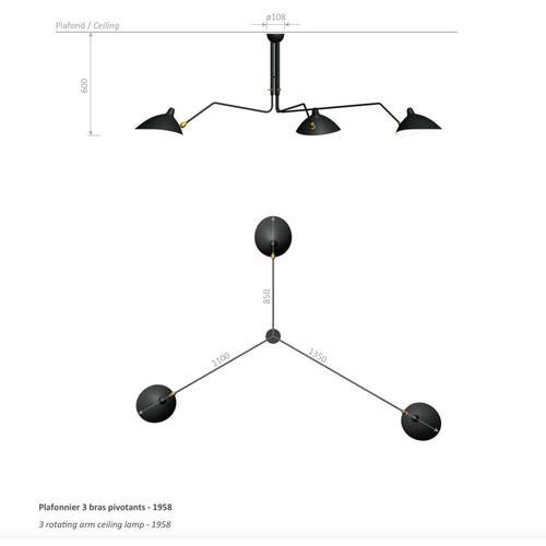 Metal Mid-Century Modern Black Three Rotating Arms Ceiling Lamp by Serge Mouille For Sale - Image 7 of 9