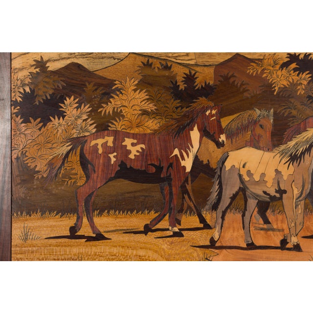 Vintage Inlaid Wood Framed Painting Depicting Four Horses in a Landscape For Sale - Image 9 of 12