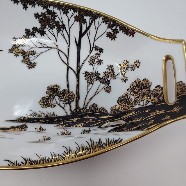 Noritake Morimura Nippon Snack Serving Set Black Gold Lake Scene 5 Pieces 1910-20 Japan For Sale - Image 4 of 8