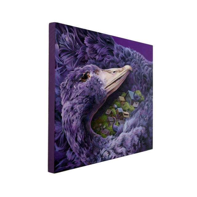 Through The Night by Gigi Chen | Acrylic on Wood Panel of a purple bird with a village inside its feathers For Sale