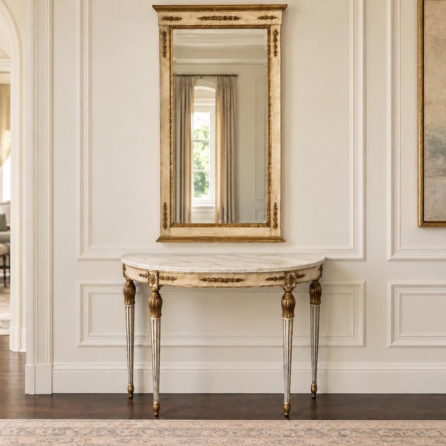 Italian Neoclassical Louis XVI Demilune Marble Top Console Table & Mirror For Sale - Image 4 of 7