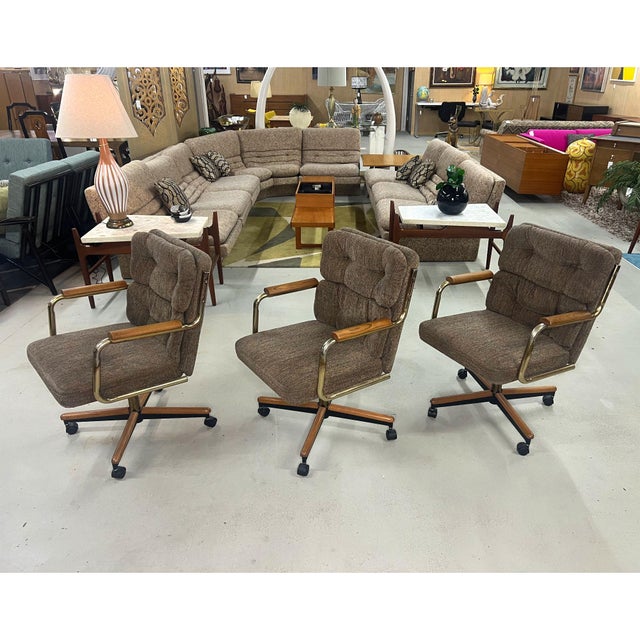 Set of 3 Stoneville Brown Gold and Oak Swivel Armchairs on Casters For Sale - Image 6 of 17
