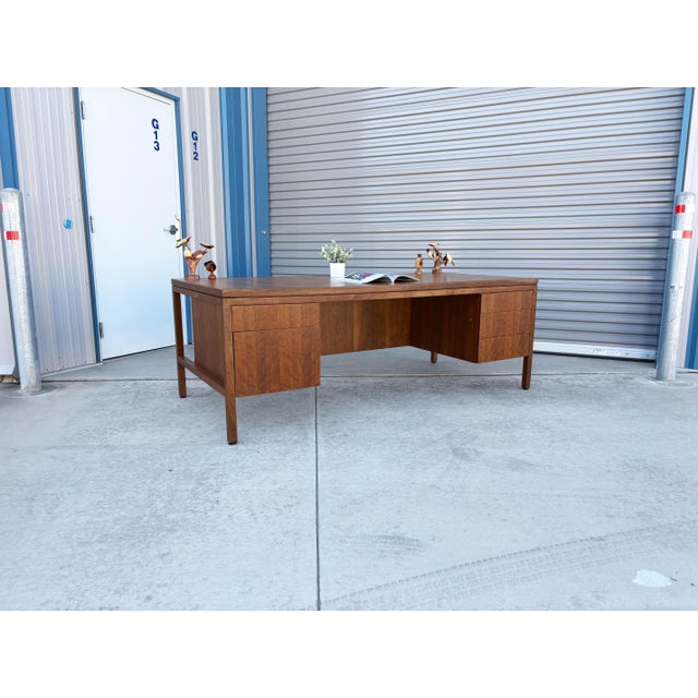 Mid Century Walnut and Burlwood Executive Desk by Hiebert For Sale - Image 4 of 17