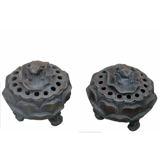 This pair of vintage iron cast incense or oil burner was hand forged with 2 layers of lotus leaves around and a frog on...