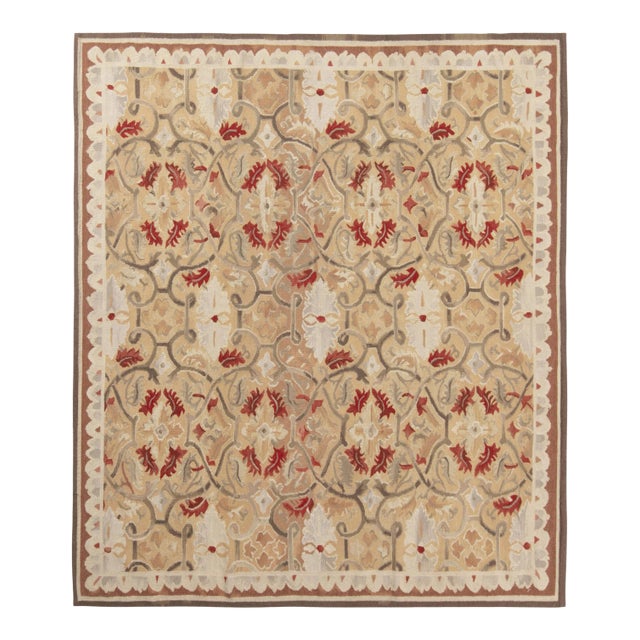 Rug & Kilim’s Aubusson Flat Weave Style Rug, Beige, Gray and Red Floral Pattern For Sale