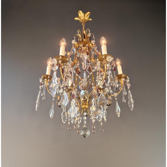Metal 1940s Crystal Chandelier Purple and Bohemian Czech Crystals Floral European Design For Sale - Image 7 of 12