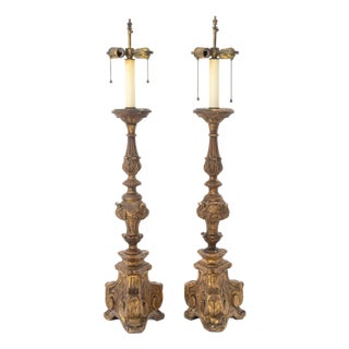 Italian Baroque Revival Giltwood Table Lamps, Pair For Sale