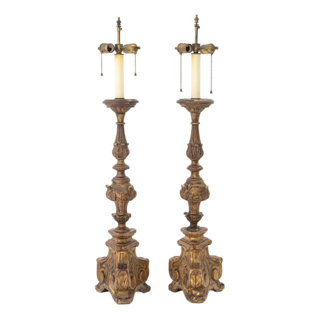 Italian Baroque Revival Giltwood Table Lamps, Pair For Sale
