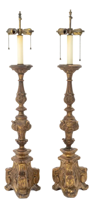 Italian Baroque Revival Giltwood Table Lamps, Pair